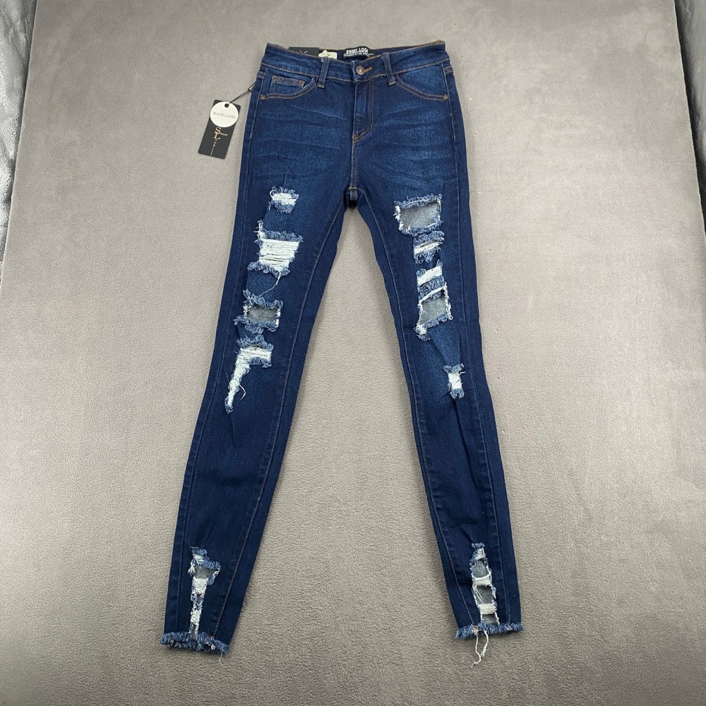 Sweet Look Black Label High Rise Skinny Distressed Jeans Dark Wash Size 7 NWT